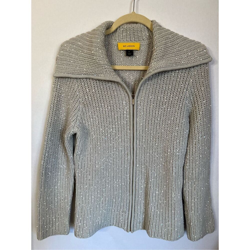 St. John Light Gray Knit Zip-Front Cardigan